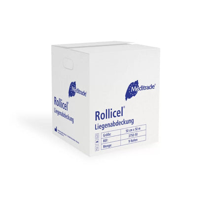 Eine weiße Schachtel mit dem Markennamen Meditrade GmbH präsentiert die Zusammensetzung des Zellstoff-Tissues mit der Bezeichnung Meditrade Rollicel® Liegenabdeckung. Der Karton mit den Abmessungen 50 cm x 50 m enthält sechs Packungen und verfügt über einen Griffausschnitt mit auffälligen blauen Markengrafiken.