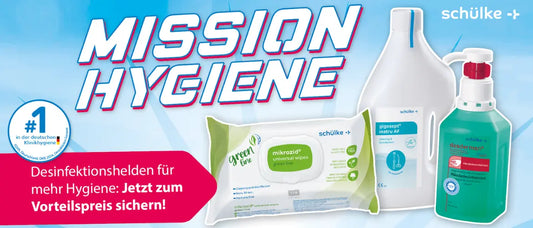 Banner für die Werbung von Schülke mit dem Titel 'MISSION HYGIENE'. Das Banner zeigt Desinfektionsprodukte, darunter Mikrozid Feuchttücher, Desinfektionsmittel in einer Flasche und Handdesinfektionsmittel. Der Slogan lautet 'Desinfektionshelden für mehr Hygiene: Jetzt zum Vorteilspreis sichern!' und der Hinweis auf die Marktführerschaft von Schülke in der deutschen Klinikhygiene wird angezeigt.