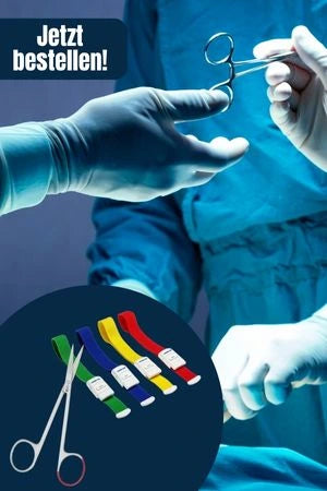 Zwei Personen im OP-Bereich reichen sich chirurgische Instrumente, beide tragen sterile Handschuhe und OP-Kleidung. Unten im Bild sind bunte Stauschläuche und eine chirurgische Schere zu sehen, darüber steht der Schriftzug ‚Jetzt bestellen!'.