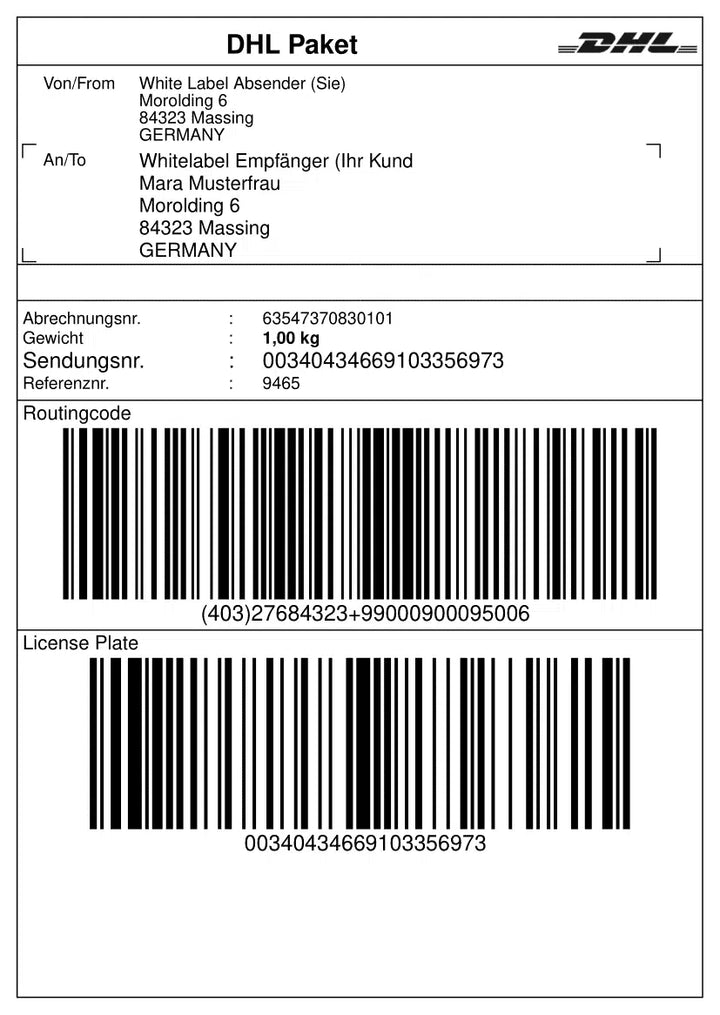 Ein DHL-Versandetikett mit Absender- und Empfängerinformationen, Paketgewicht, Konto- und Referenznummer. Das Etikett enthält zwei große Barcodes, einen Routing Code und einen Kennzeichencode.