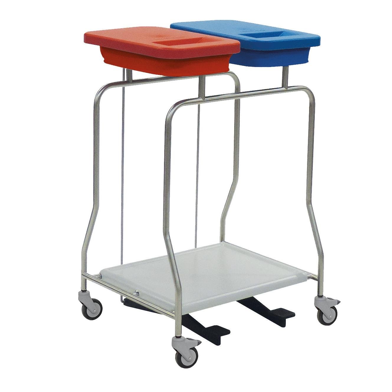Le collecteur de déchets en acier inoxydable Novocal "Compact" à double compartiment est un chariot en acier inoxydable avec roues, deux couvercles - rouge et bleu - pour le tri des déchets sur le dessus et une étagère inférieure plate.