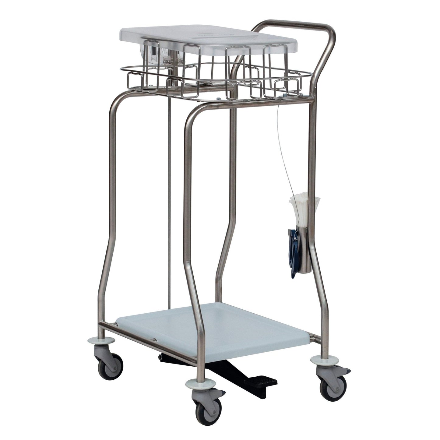 Un chariot médical en acier inoxydable avec quatre roues, panier en fil métallique, plateau plat, étagère inférieure, poignées, pédale, distributeur de gants jetables ainsi qu'un collecteur Novocal en acier inoxydable pour tube en film fixé sur un côté (1 pièce).