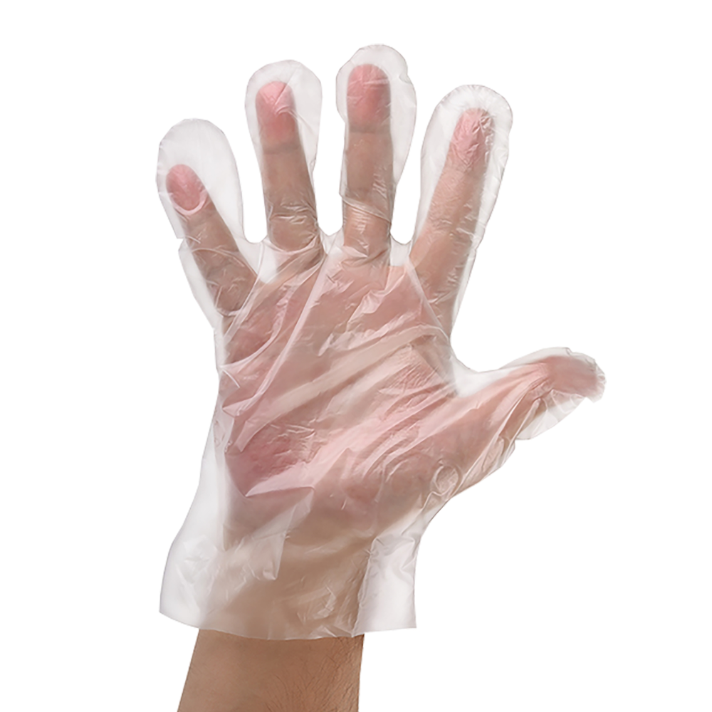 Eine Hand trägt einen NITRAS PE-Einmalhandschuh Polyethylen transparent unsteril gehämmert von MCD MEDICAL CARE DENTAL GmbH, mit gespreizten Fingern. Der transparente Polyethylenhandschuh ist leicht faltig und reicht über das Handgelenk hinaus. Er entspricht der Norm EN 1186. Der schlichte weiße Hintergrund hebt die Textur und Passform des Handschuhs hervor.