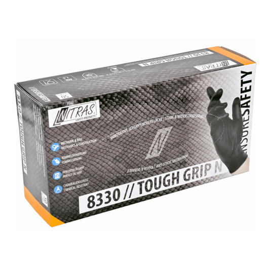 Boîte de gants de sécurité en nitrile portant la mention « NITRAS TOUGH GRIP N » de la société AS Arbeitsschutz GmbH. L'emballage contient des gants en nitrile noirs dotés d'une « surface en écailles » innovante offrant une prise en main texturée, ainsi que des symboles indiquant leur résistance aux risques mécaniques et chimiques.