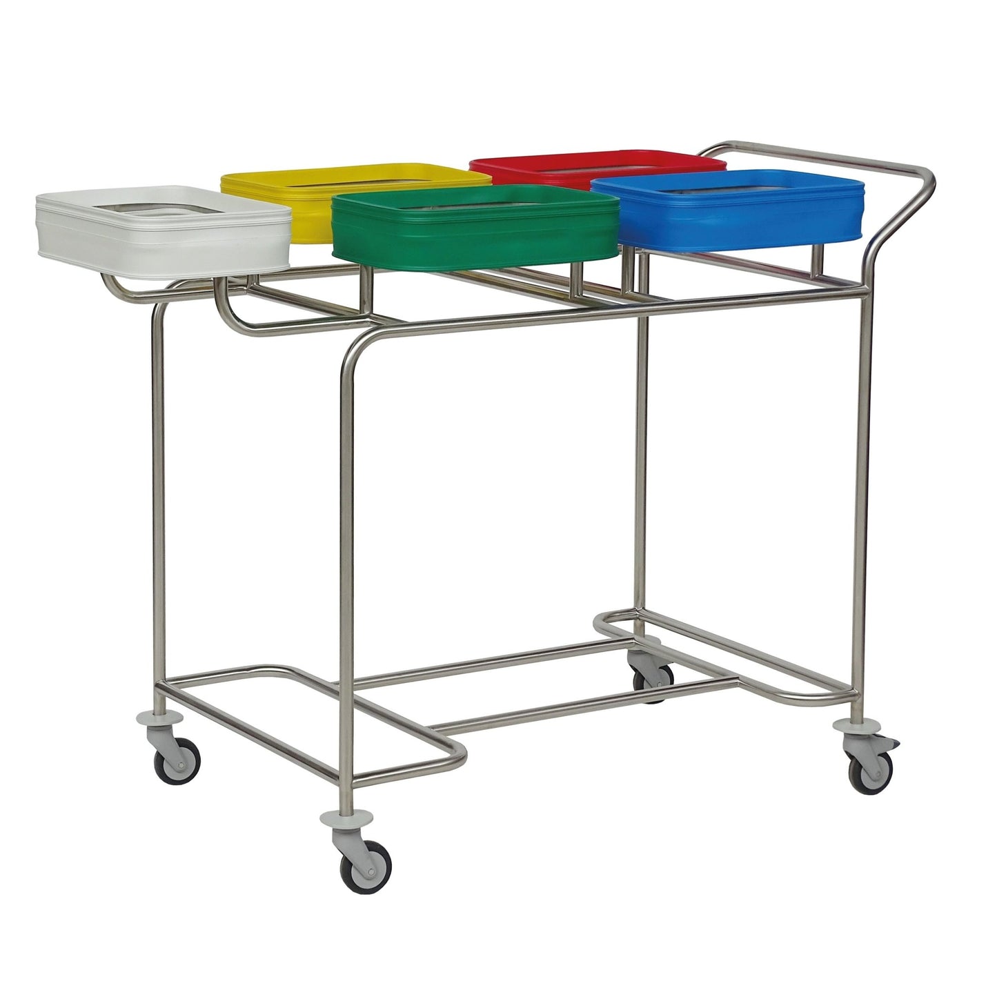 Une solution peu encombrante : le collecteur de linge en acier inoxydable Novocal "Kompakt plus" avec cinq compartiments et des couvercles colorés sur roulettes est idéal pour trier le linge sale ou les déchets.