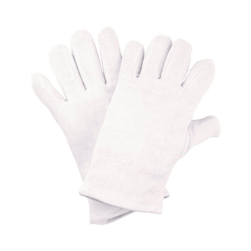 Eine Packung mit 12 Paar NITRAS Baumwoll-Trikot-Handschuhen, weiß von AS Arbeitsschutz GmbH, aus OEKO-TEX-Baumwolle, flach übereinandergelegt auf weißem Grund.
