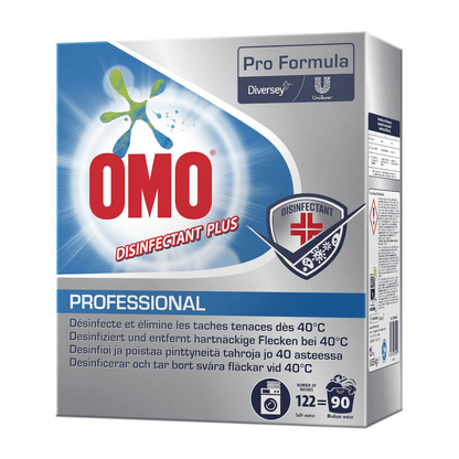Ausgestellt ist eine Packung Omo Professional Disinfectant Plus, Desinfektionswaschmittel (8550 g) von Diversey Deutschland GmbH & Co. OHG. Die Verpackung hebt die Wirksamkeit bei der Entfernung hartnäckiger Flecken bei 40 °C hervor und enthält die Logos von Unilever und Diversey sowie Gebrauchsanweisungen.
