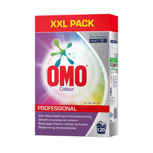 Ein Bild des Omo Professional Colour 130 Waschgänge, Buntwaschmittel Pulver, zeigt die XXL-Packung, die sich perfekt für bunte Wäsche eignet. Die Verpackung betont Fleckenentfernung und Farbschutz und enthält genug für 130 Waschgänge. Die von Diversey Deutschland GmbH & Co. OHG entwickelte Schachtel ist überwiegend rot-weiß gestaltet und mit einem bunten Spritzermotiv versehen.
