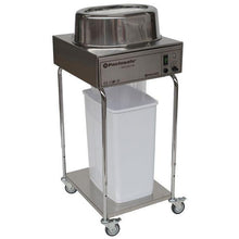 Das Novocal Abfalleinschweißgerät Pactosafe offen - Netzversion aus Edelstahl ist höhenverstellbar, auf vier Rollen und verfügt über Bedienfeld, große obere Öffnung sowie einen weißen Abfallbehälter für effiziente Entsorgung in medizinischen Bereichen.