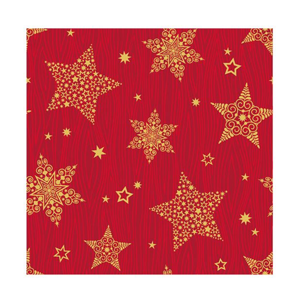 Dieses festliche Design, ideal für die PAPSTAR Servietten 3-lagig in Rot aus der Kollektion „Christmas Shine“, zeigt eine Vielzahl von goldenen Sternen mit aufwendigen Mustern auf rotem Hintergrund. Verziert mit Wirbeln, Punkten und Sternenmustern sorgt es für einen lebendigen Feiertagslook.