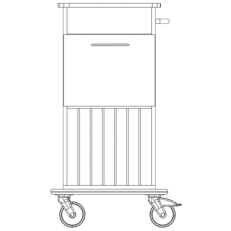 Dessin au trait noir et blanc du chariot de soins et de travail Novocal : corps rectangulaire, tiroir avec poignée horizontale, quatre roulettes pivotantes, poignée horizontale en haut à droite. Fonctionne comme protection murale. Marque : Novocal. Emballage (1 pièce).