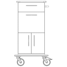 Frontansicht des Novocal Pflege- und Arbeitswagens: mit Vollkunststoff-Fahrgestell, oberer Schublade, unterem Schrank mit zwei Türen, Griff auf der rechten Seite und zwei großen Rädern. Marke: Novocal.