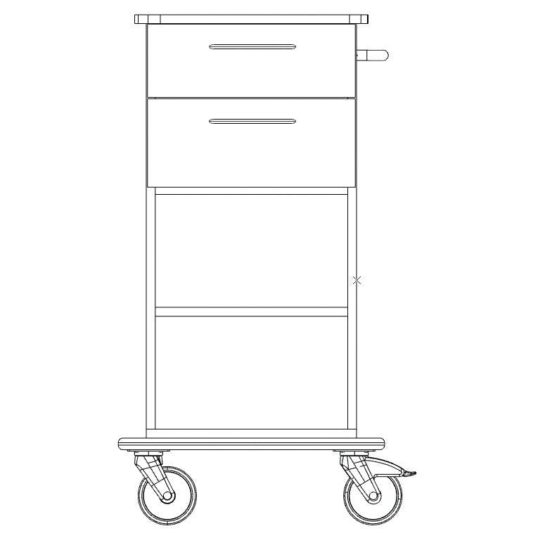 Schwarz-weiße Strichzeichnung des Novocal Pflege- und Arbeitswagens mit zwei Schubladen, seitlichem Griff, großen Vorderrädern, kleineren Hinterrädern und einem offenen Regal darunter - das Gerät dient auch als Wandschutz.