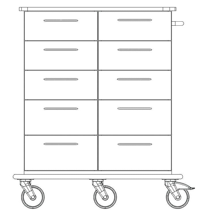 Vorderansicht Strichzeichnung eines Novocal Pflege- und Arbeitswagens mit acht Schubladen, flacher Platte, seitlichem Griff und vier Lenkrollen auf einem durchgehenden Vollkunststoffplattentransportgestell. Marke: Novocal. Packung: 1 Stück.