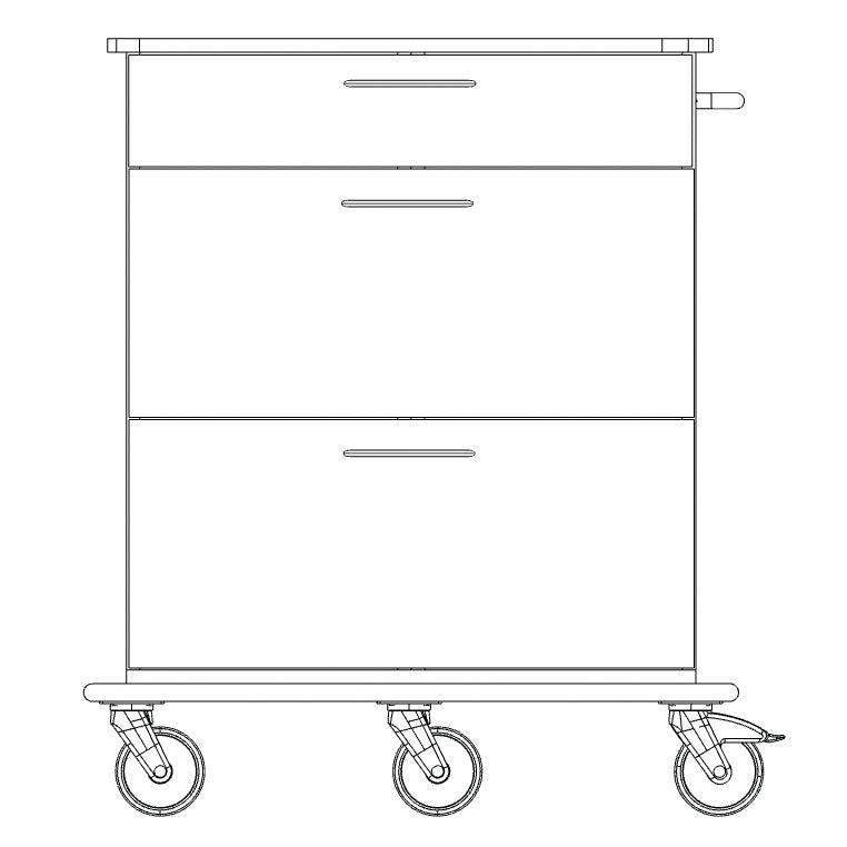 Dessin au trait noir et blanc du châssis du chariot de soins et de travail Novocal en plastique intégral avec trois tiroirs, quatre roulettes (dont une avec levier de frein) et une poignée sur le côté droit. Emballage : 1 pièce. Marque : Novocal.