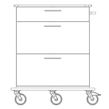 Schwarz-weiße Strichzeichnung des Novocal Pflege- und Arbeitswagen Fahrgestell Vollkunststoff mit drei Schubladen, vier Lenkrollen (eine mit Bremshebel) und einem Griff auf der rechten Seite. Packung: 1 Stück. Marke: Novocal.