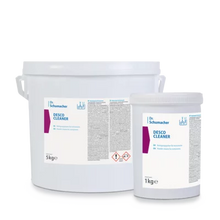 Abgebildet sind zwei weiße Gebinde des Dr. Schumacher DESCO CLEANER der Dr. Schumacher GmbH: ein 5 kg-Eimer und ein 1 kg-Becher, beide mit weißem Deckel und blau-lila Etiketten mit der Aufschrift "Reiniger für alle Oberflächen" für ein streifenfreies Ergebnis.