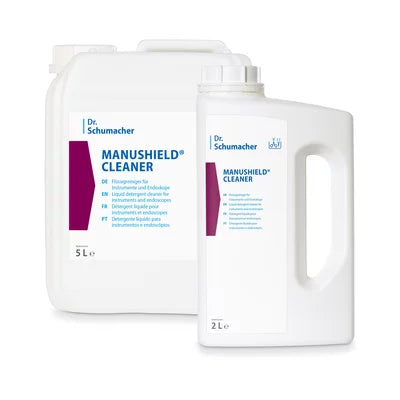 Zwei weiße Kunststoffbehälter von Dr. Schumacher MANUSHIELD® CLEANER (5L und 2L) der Dr. Schumacher GmbH, beide mit blauen und lila Etiketten und weißen Verschlüssen - perfekt für hygienische Sauberkeit und effektive Keimbekämpfung.