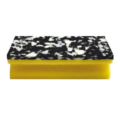 Das Arcora PU-PAD SCHWAMM (150 x 70 x 45 mm) der Arcora International GmbH hat eine gelbe PU-Schaum-Basis und eine schwarz-weiß marmorierte Scheuerfläche; erhältlich in 10er-Packungen, abgebildet auf weißem Hintergrund.