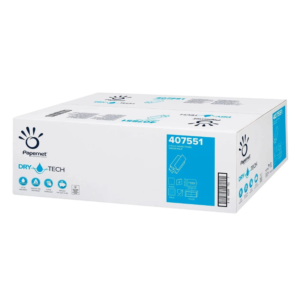 Un carton de mouchoirs de la marque Sofidel Germany GmbH au design en Z avec l'inscription « Serviettes pliantes 407551 avec Dry Tech ». Le carton blanc avec du texte bleu-noir est scellé et montre des symboles pour des applications industrielles et des instructions de manipulation.