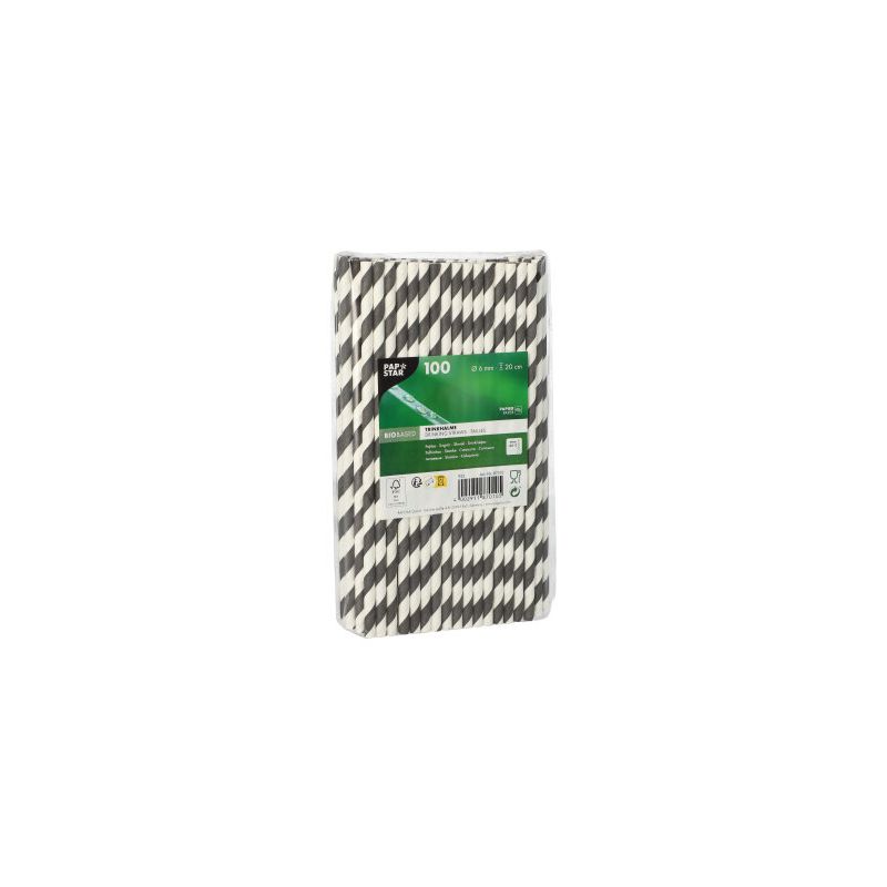 Eine 100er-Packung PAPSTAR GmbH Trinkhalme, Papier Ø 6 mm, steht aufrecht mit einem grün-weißen Etikett, das auf der Vorderseite Angaben zum Produkt enthält.