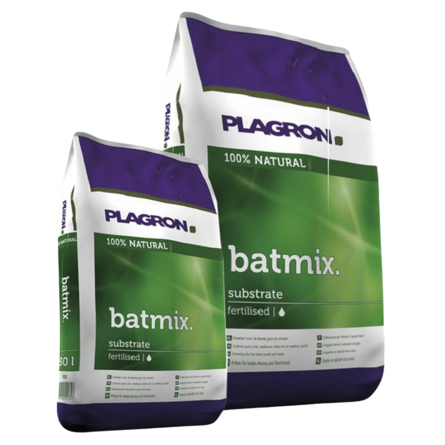 Zwei Beutel Plagron Batmix von Bertels B.V. in grüner und violetter Verpackung zeigen das Batmix-Logo, sind als 100 % natürlich gekennzeichnet und mit Torfarten für verbessertes Pflanzenwachstum gedüngt und in verschiedenen Größen mit detaillierten Angaben auf der Verpackung erhältlich.