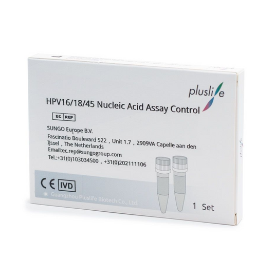 L'image montre une boîte du kit de contrôle PCR de l'acide nucléique HPV 16/18/45 Pluslife, un kit de contrôle précis de SUNGO Europe B.V. L'emballage contient des informations de contact et des certifications et présente sur le devant un ensemble avec deux flacons, idéal pour des tests PCR de l'acide nucléique précis.