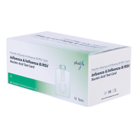 Une boîte de kits de test Pluslife Influenza A / Influenza B / RSV (10 tests) de la société Pluslife Co., Ltd. contient 10 tests, accompagnés d'étiquettes en anglais et de mentions indiquant la certification CE.