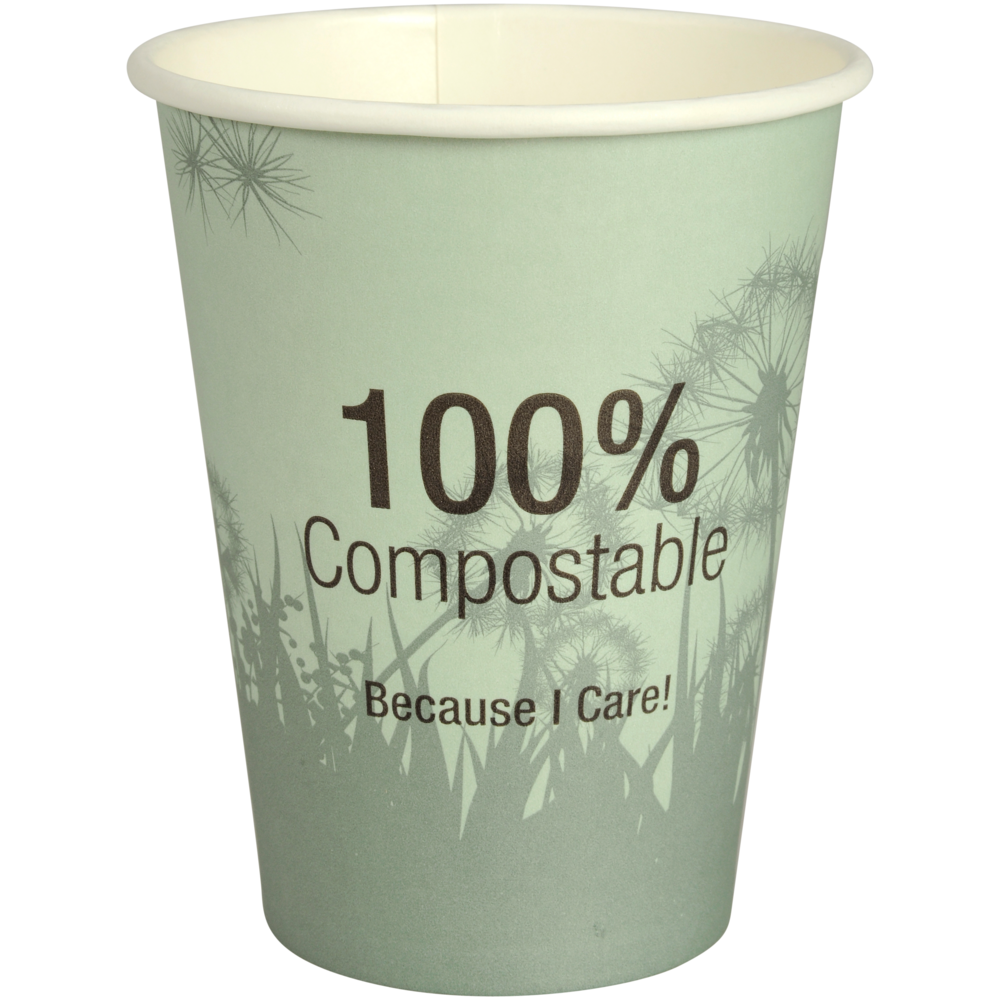 La tasse à café compostable "Dandelion" de Abena Re-Seller GmbH est une tasse verte avec l'inscription "100% Compostable Because I Care!" et un motif discret de pissenlit en arrière-plan.