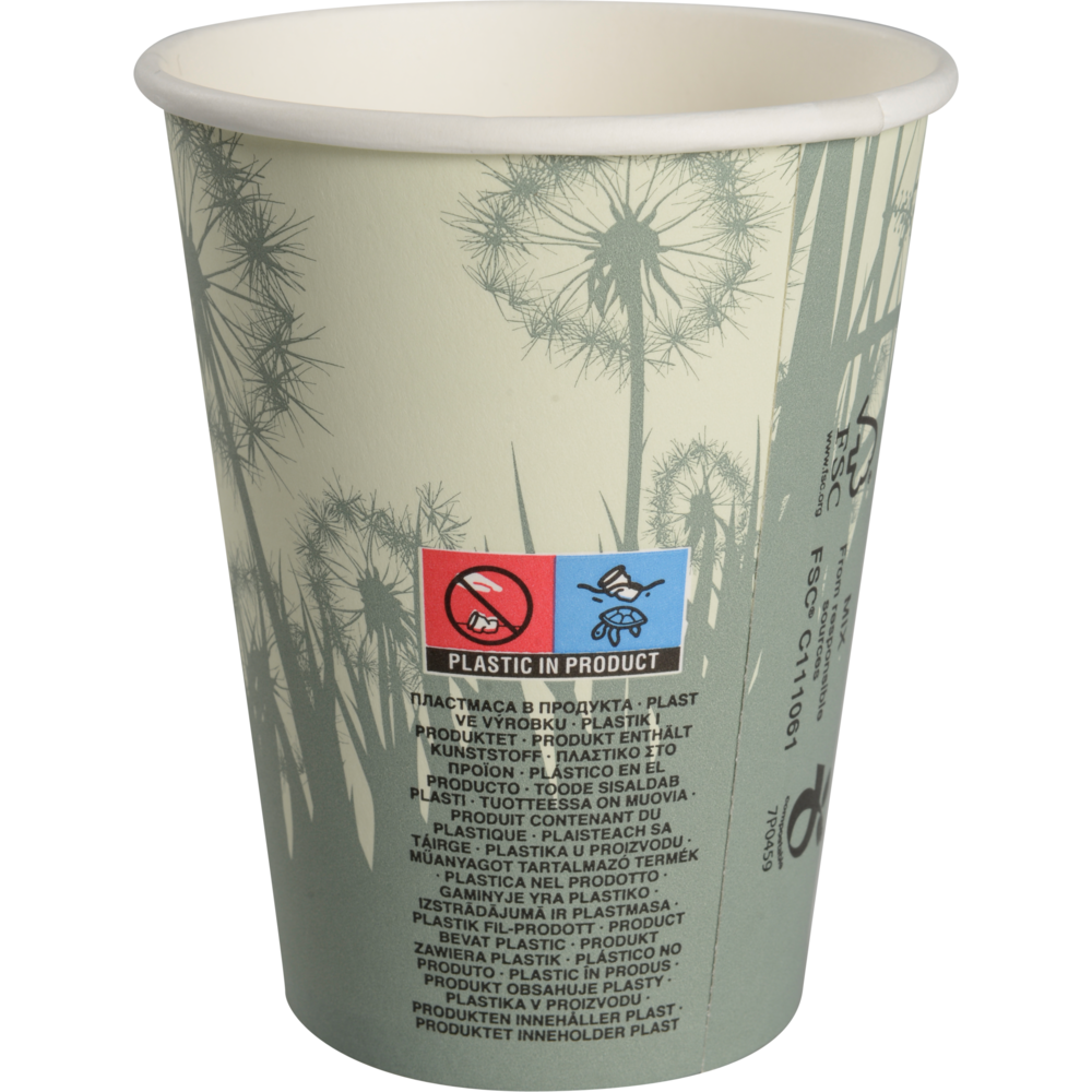 La tasse à café compostable "Pissenlit" de Abena Re-Seller GmbH est une tasse en carton avec un motif de pissenlit vert clair; l'étiquette indique "Plastique dans le produit" et des symboles indiquant qu'il n'est pas compostable ou écologique.