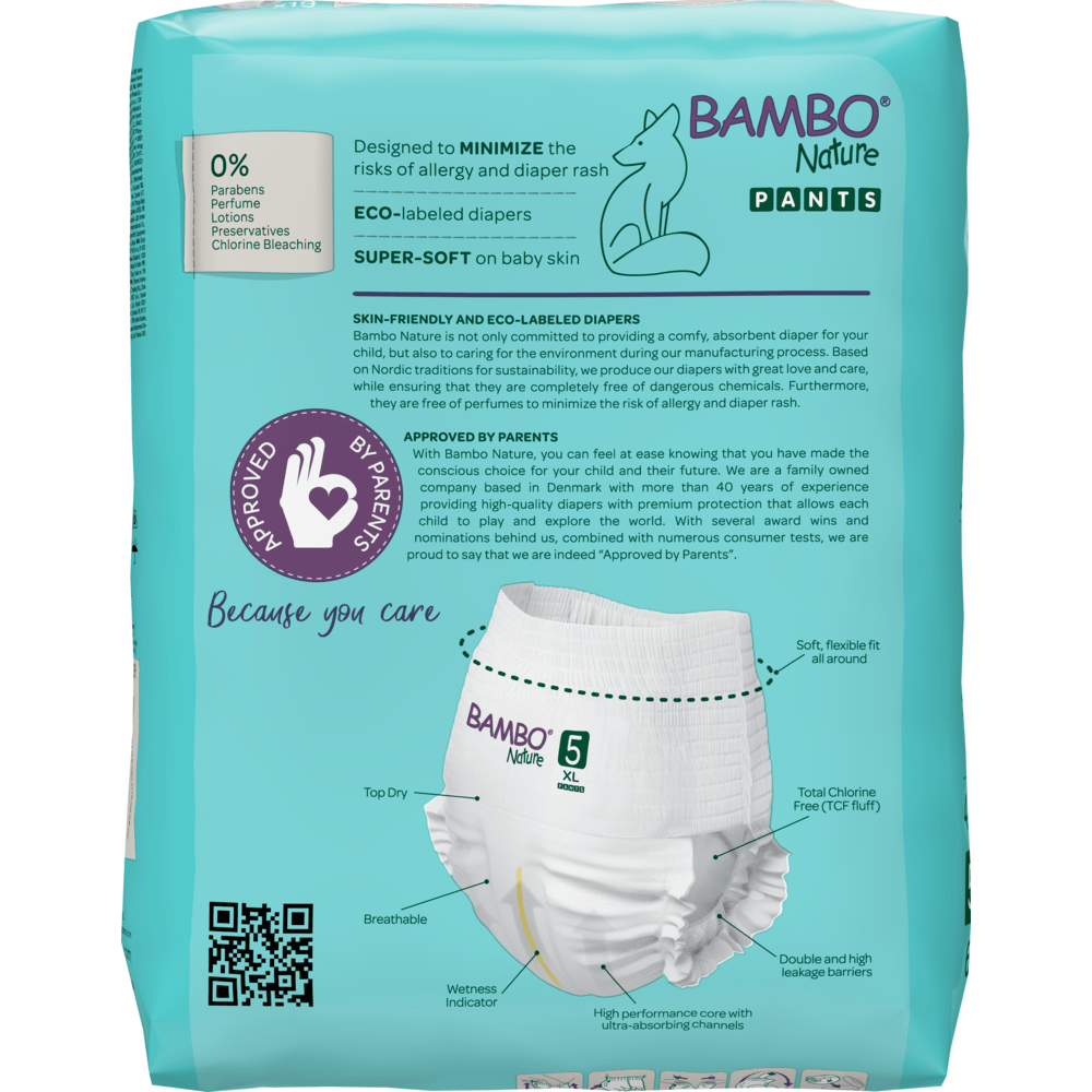 Un paquet de Bambo Nature Pants, taille 5, de la société Abena Re-Seller GmbH se distingue par des couches écologiques avec label environnemental, respirantes et offrant une coupe flexible. Les principales caractéristiques sont illustrées sur l'emballage couleur teal.