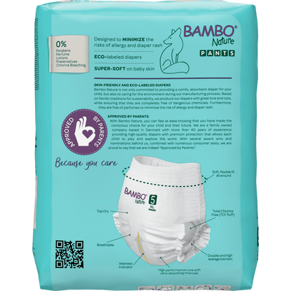 Un paquet de Bambo Nature Pants, taille 5, de la société Abena Re-Seller GmbH se distingue par des couches écologiques avec label environnemental, respirantes et offrant une coupe flexible. Les principales caractéristiques sont illustrées sur l'emballage couleur teal.