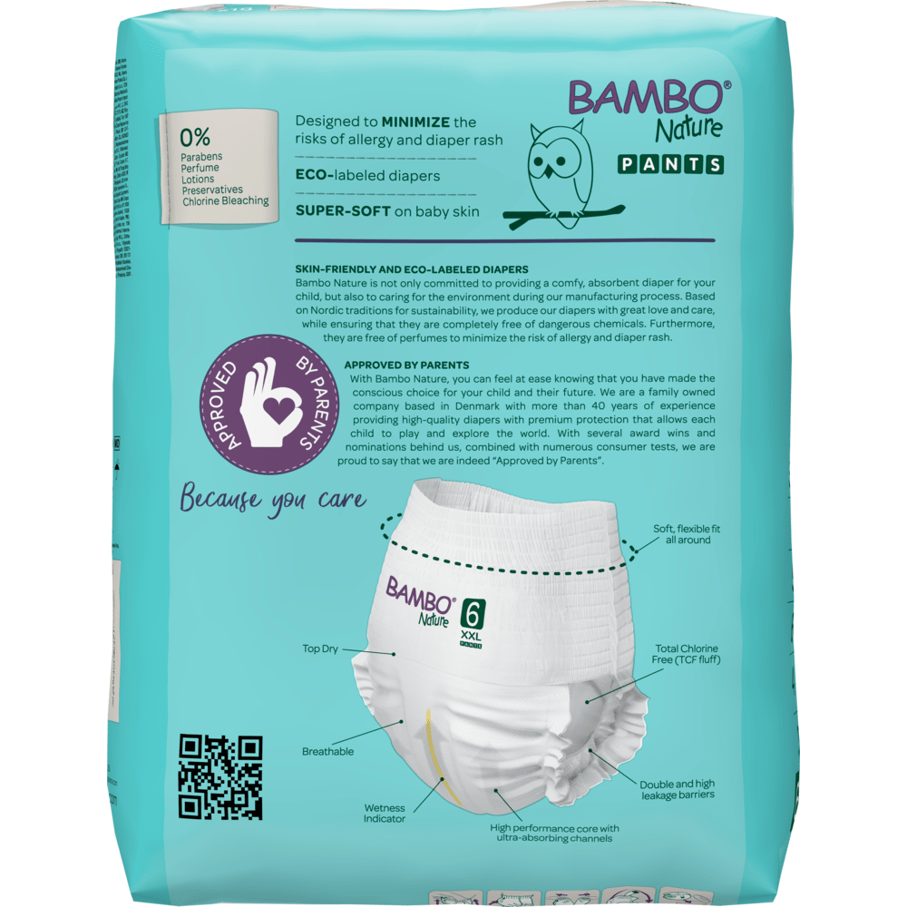 Dos d'un Bambo Nature Pants couleur teal (taille 6 XXL) de la société Abena Re-Seller GmbH, avec un label écologique pour des couches écologiques et respectueuses de la peau, super douces, minimisant les allergies, et montrant une image de couche.