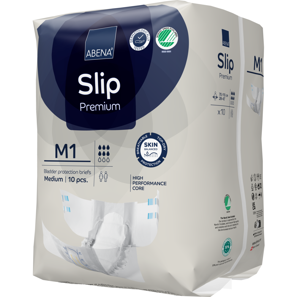 Eine Packung ABENA Slip Premium von Abena Re-Seller GmbH, Größe M1 (medium), enthält 10 Stück und zeichnet sich durch hautfreundliche Materialien und einen leistungsstarken Kern für effektiven Inkontinenzschutz aus.