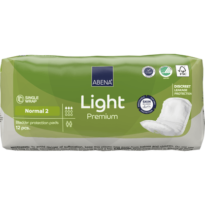 Eine Packung ABENA Light Normal 2, Premium von Abena Re-Seller GmbH (12 Stück) bietet diskreten Auslaufschutz und hohe Saugfähigkeit. Die grün-weiße Verpackung zeigt mit Produktinfos und Piktogrammen die erweiterten Vorteile.