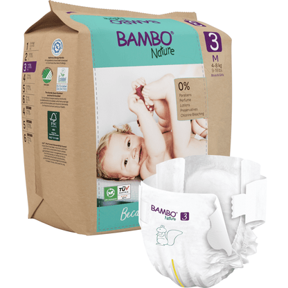 Eine Packung Bambo Nature by Abena Re-Seller GmbH mit umweltfreundlichen Windeln der Größe 3 zeigt ein lächelndes Baby. Auf der Vorderseite ist eine Windel abgebildet, die ihr Design und ihre Beschriftung zeigt - ideal für eine bewusste Babypflege.