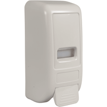 Le distributeur à bouton-poussoir Abena Re-Seller GmbH (1.000 ml, blanc) est un distributeur de savon mural avec un levier de pression rectangulaire portant l'inscription "PRESS" et une petite fenêtre de visualisation pour le contrôle du contenu.