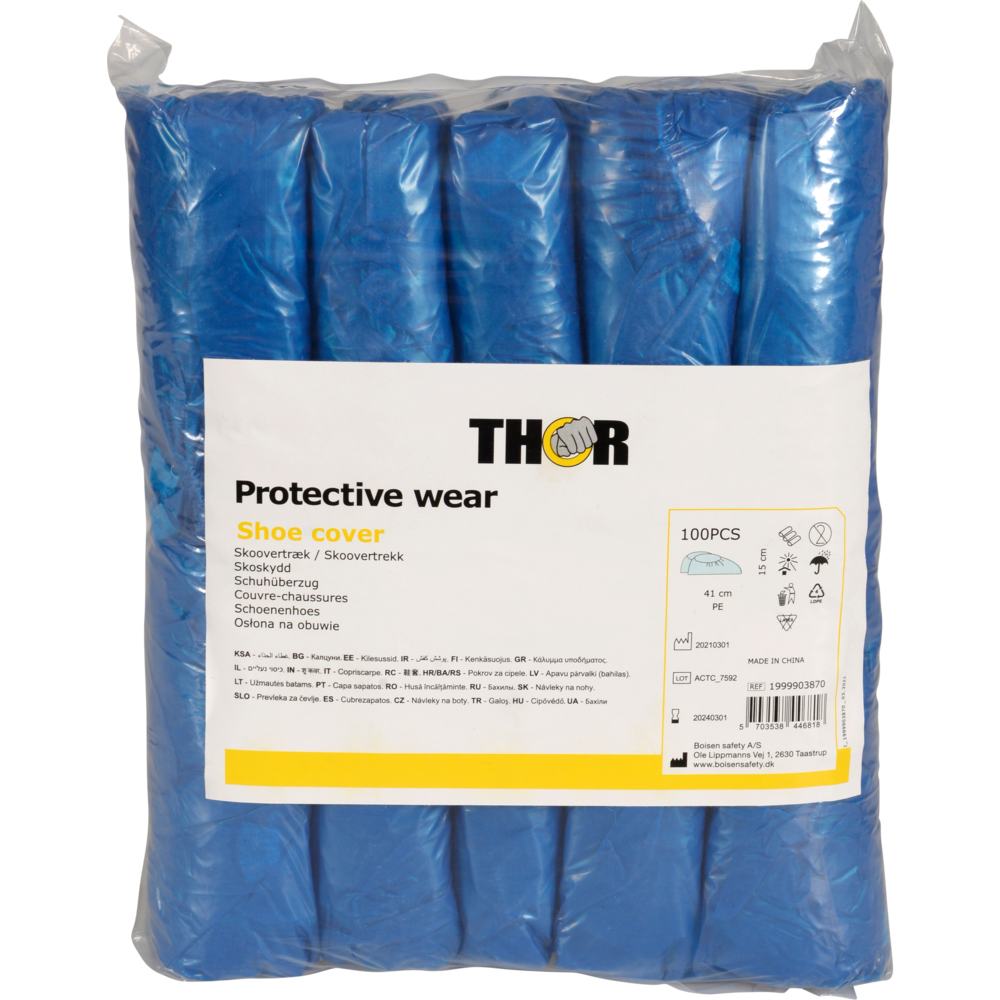 Ein Paket von Abena Re-Seller GmbH Thor Überschuhe, 41x15 cm, blau, PE, enthält 100 Paar blaue Einweg-Überschuhe. Die Vorderseite zeigt mehrsprachige Infos, Anwendungssymbole und Größenangaben.