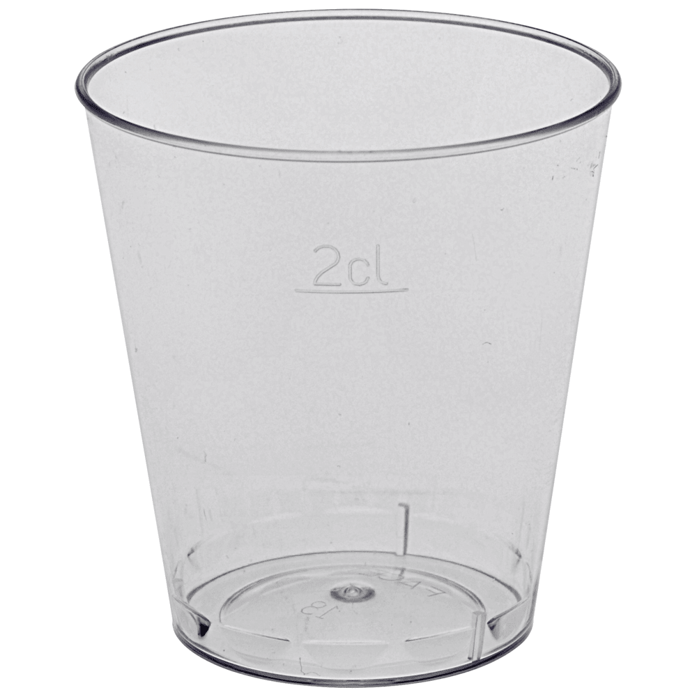 Ein transparentes 2 cl Schnapsglas von Abena Re-Seller GmbH, hergestellt aus Polystyrol (PS), steht aufrecht und leer auf weißem Hintergrund. Verkauft in Packungen zu 50 Stück.