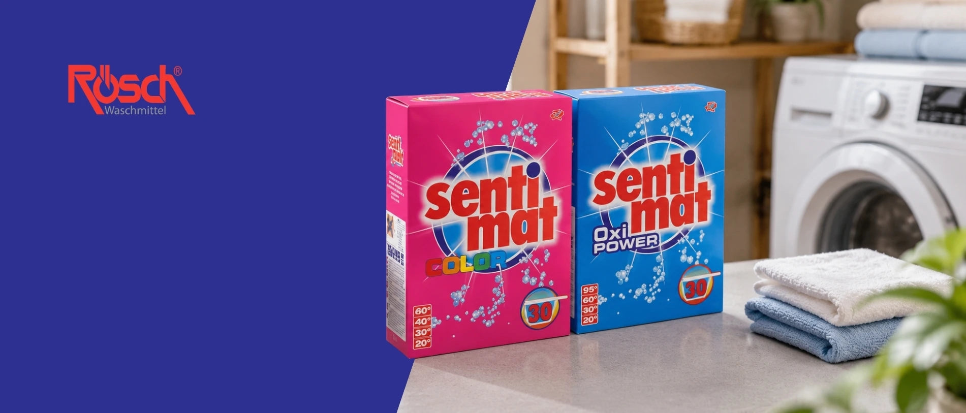 Zwei Sentimat Waschmittelpackungen in Pink und Blau stehen auf einer Arbeitsfläche neben gefalteten Handtüchern, im Hintergrund ist eine Waschmaschine zu sehen. Links befindet sich das Rösch Waschmittel Logo auf blauem Hintergrund.