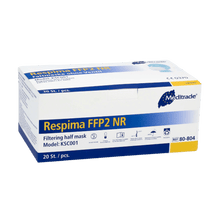 Une boîte de masques respiratoires Meditrade Respima FFP2 est présentée devant un fond simple. La boîte blanche avec des détails bleus montre qu'elle contient 100 pièces et porte dans le coin supérieur droit le nom de la marque Meditrade GmbH, connue pour les équipements de protection individuelle.