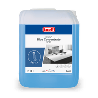 Un bidon de 10 litres de nettoyant universel Drizzle® Blue Concentrate de la marque BUZIL-WERK Wagner GmbH & Co. KG, muni d'une étiquette bleue, du symbole de recharge, du symbole « pH 7 » et des consignes de sécurité figurant sur l'emballage.