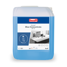 Ein 10-Liter Drizzle® Blue Concentrate Universalreiniger blau Kanister von BUZIL-WERK Wagner GmbH & Co. KG, mit blauem Etikett, Nachfüllsymbol, pH 7-Symbol und Sicherheitshinweisen auf der Verpackung.