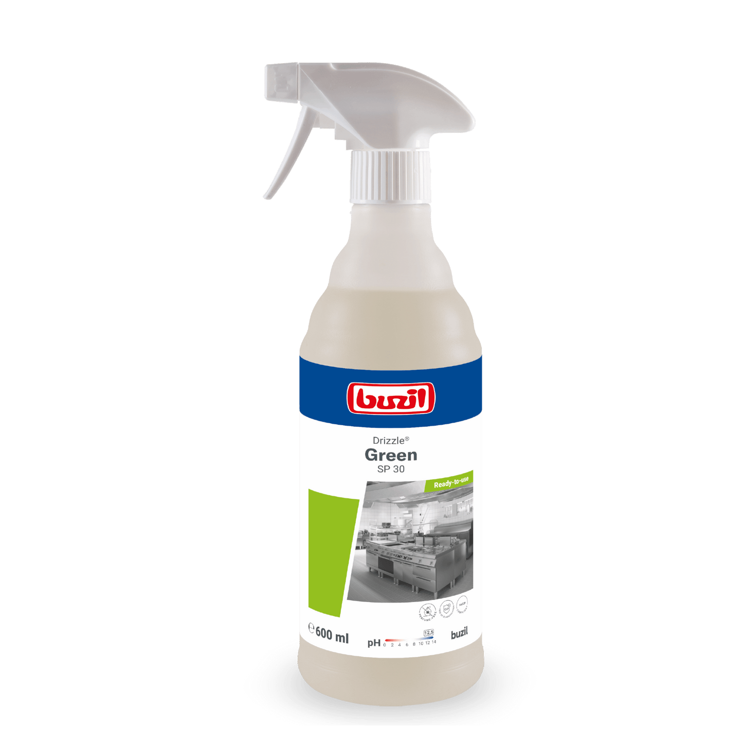 Eine 600 ml Sprühflasche Drizzle® Green Öl- und Fettlöser farblos - hellgelb von BUZIL-WERK Wagner GmbH & Co. KG, mit einer grauen Sprühdüse und einem Etikett mit Küchenbild, Produktname und Anwendungshinweisen.
