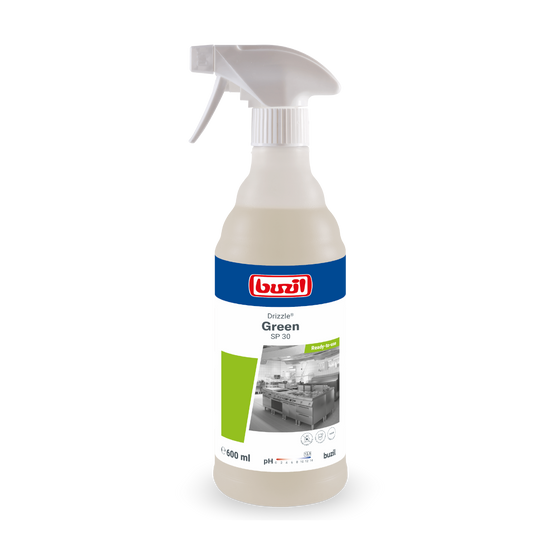 Eine 600 ml Sprühflasche Drizzle® Green Öl- und Fettlöser farblos - hellgelb von BUZIL-WERK Wagner GmbH & Co. KG, mit einer grauen Sprühdüse und einem Etikett mit Küchenbild, Produktname und Anwendungshinweisen.