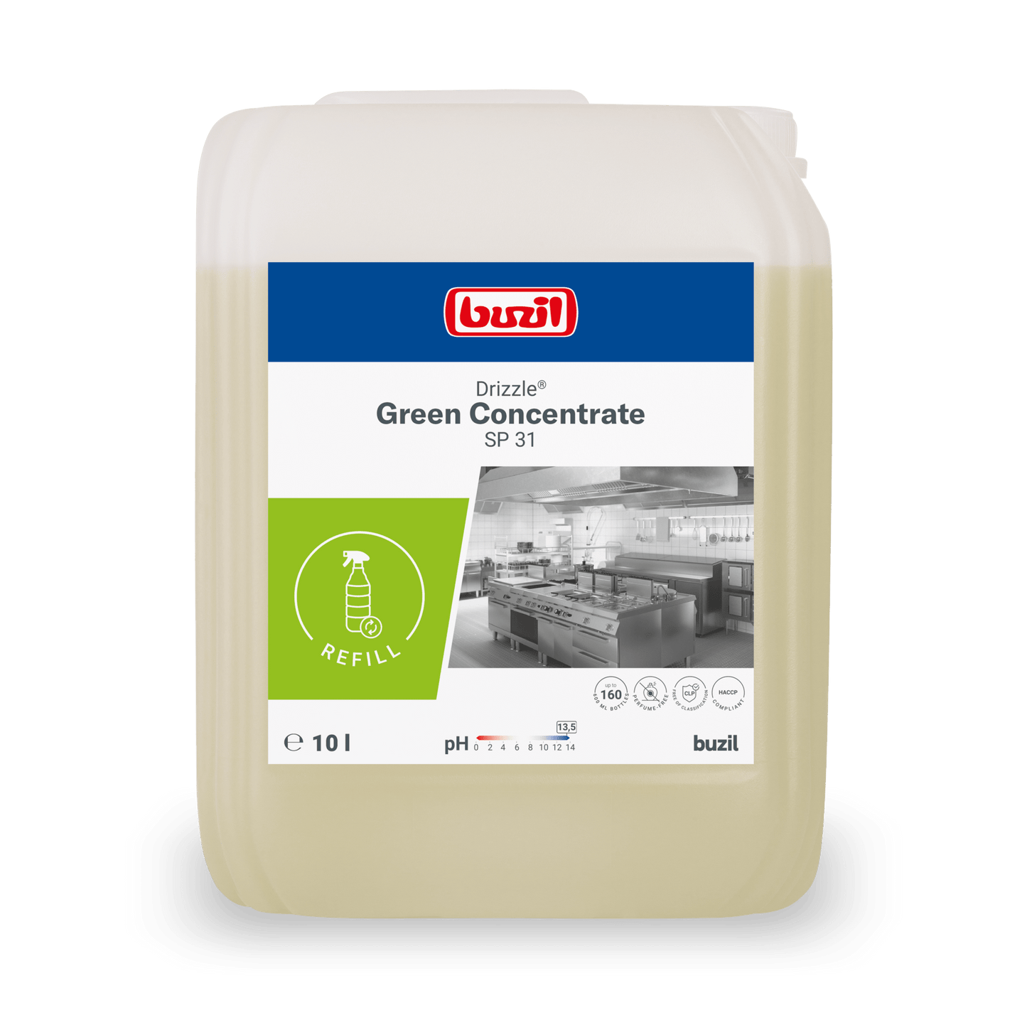 Ein 10-Liter-Kanister BUZIL-WERK Drizzle® Green Concentrate Öl- und Fettlöser farblos-hellgelb, mit einem Etikett mit Produktinformationen, einem Nachfüllsymbol und einem monochromen Großküchenbild.