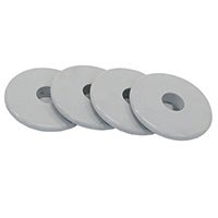 Quatre rondelles Novocal grises pour chariots polyvalents (1 jeu = 4 pièces) de la marque Novocal sont disposées en se chevauchant légèrement sur un fond blanc. Chaque rondelle comporte un trou central, ce qui en fait une pièce de rechange idéale pour votre équipement.