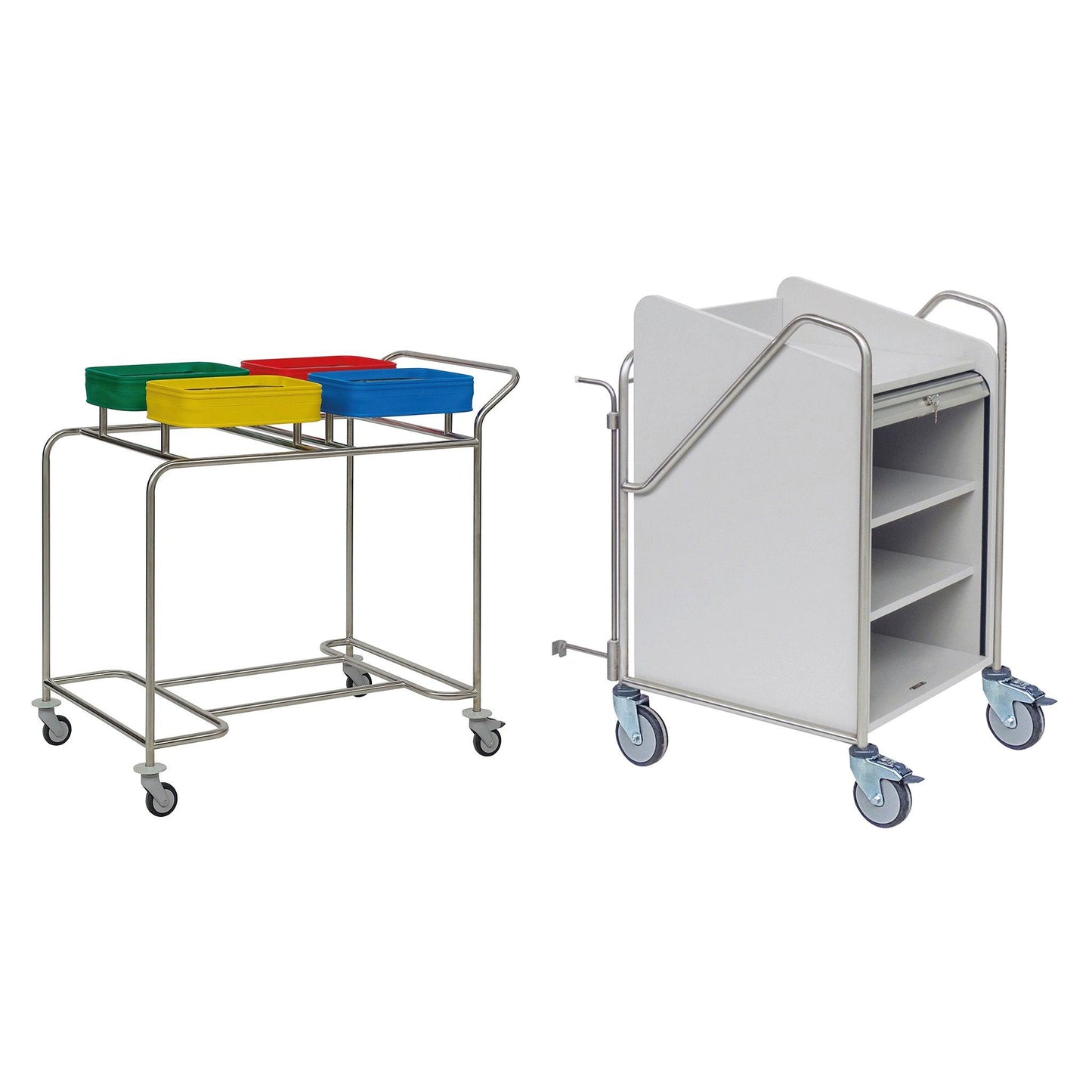 Novocal bietet zwei Stationswagen an: einen mit Edelstahlrahmen (rundum verschweißt) und 3 farbcodierten Behältern (gelb, grün, rot), und einen weißen Stationswagen für Krankenhäuser mit Einlegeböden und seitlichen Griffen. Beide haben Lenkrollen.