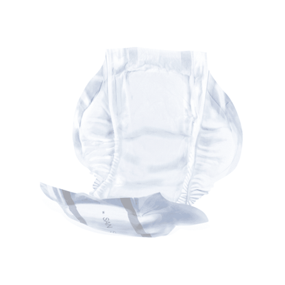 Incontinence fécale : Une couche-culotte jetable pour incontinence fécale, vue de face et partiellement dépliée, avec bande absorbante visible et élastiques aux jambes, sur fond blanc. Nom du produit : San Seni Alvi Protection fécale | Paquet (30 pièces) de la marque : TZMO Deutschland GmbH