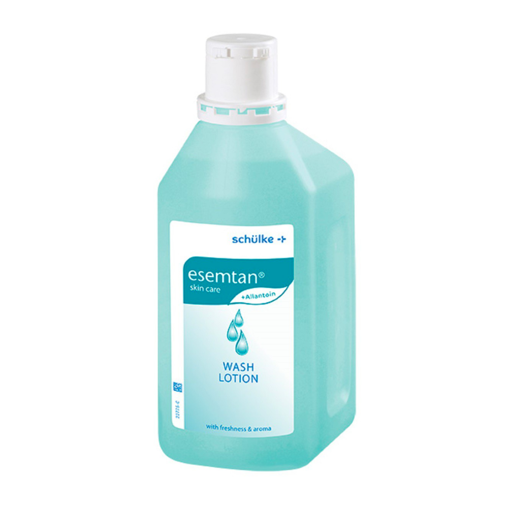 Une bouteille de Schülke Esemtan® lotion lavante de Schülke & Mayr GmbH. Le récipient est turquoise, sur une étiquette blanche se trouvent le nom du produit et des indications telles que « lotion lavante sans savon ».